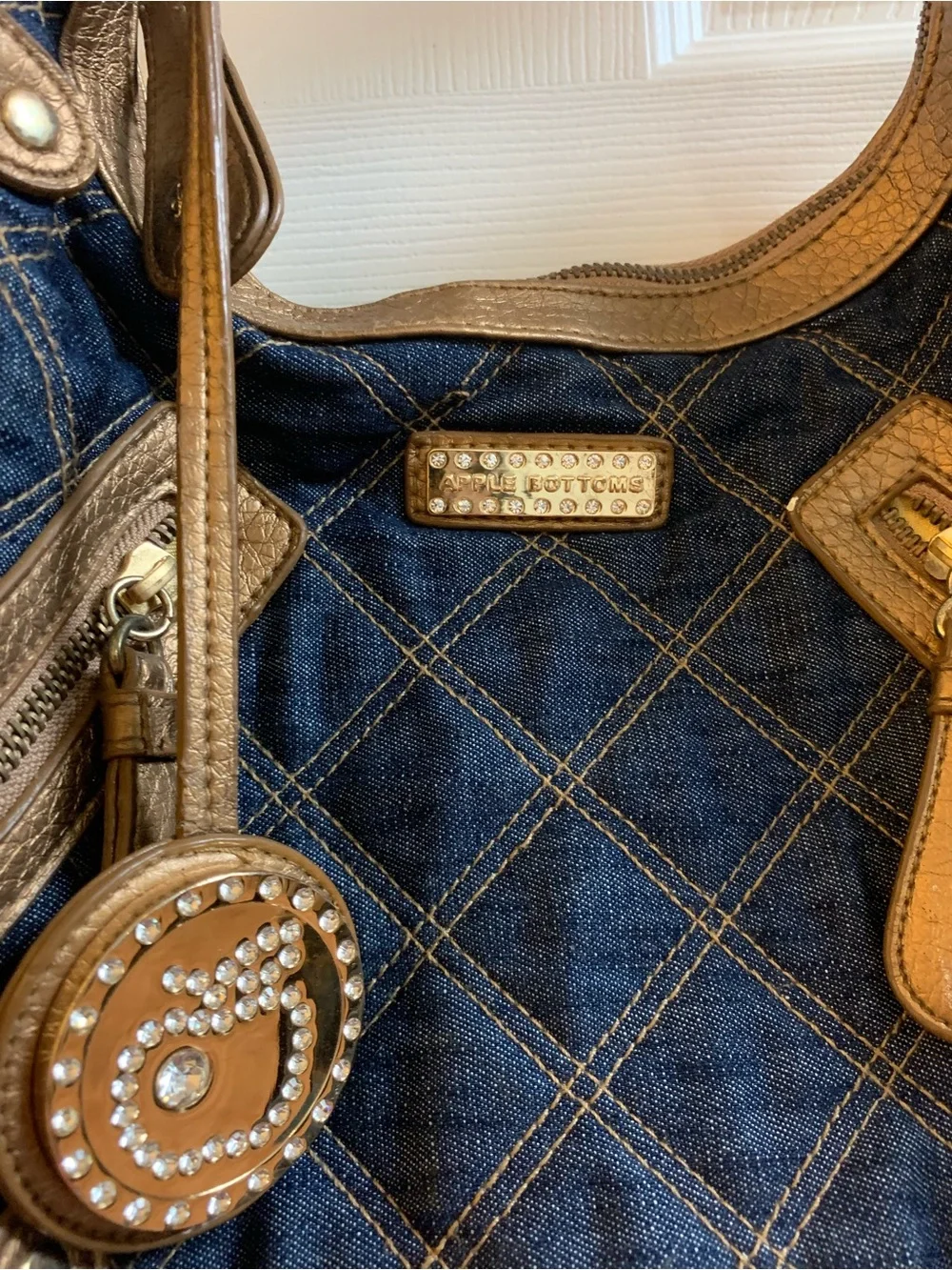 VTG Y2K Apple Bottoms Quilted Denim & Metallic Gold Hobo Bag Rhinestone Charm